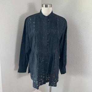 Coldwater Creek Womens Plus 1X Black Button Up Pleated Blouse Long Sleeve Shirt
